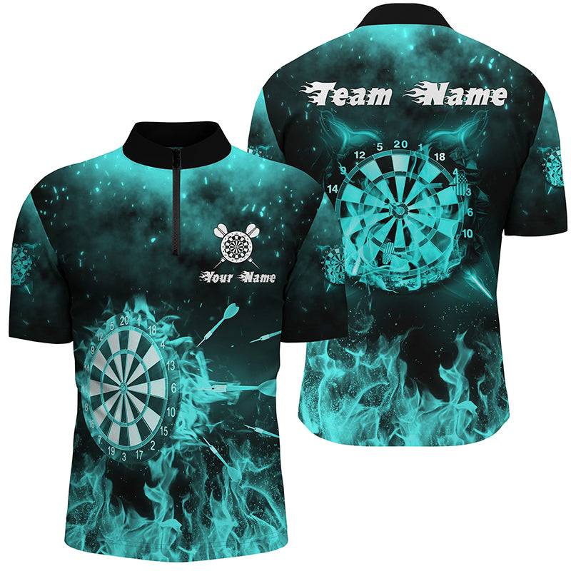 Turquoise Fire Flame Darts Quarter Zip Shirts Custom Darts Shirt For Men Dart Jerseys LDT1379