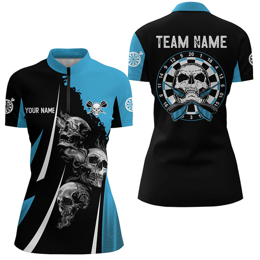 Skull Strike Personalized Darts Quarter-zip Shirt Black Blue Skull Dart Jerseys For Women LDT0973