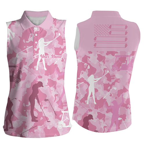 Camouflage Pattern American Flag Womens Golf Shirt Custom Name Sleeveless Polo Golf Shirt For Ladies LDT0014