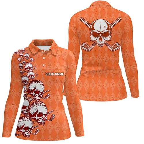 Elegant Orange Argyle Pattern Skull Golf Polo Shirts Custom Halloween Golf Gifts For Women LDT0439