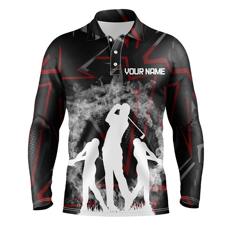 Golfers On Art Pattern Mens Polo Shirts, Custom Smoke Digital Theme Golf Shirts For Men LDT0194