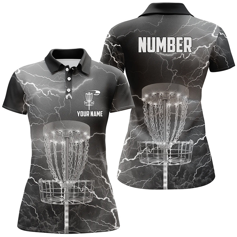Thunder Lightning Black Grey Disc Golf Polo Shirts Customized Disc Golf Shirts For Women LDT0486