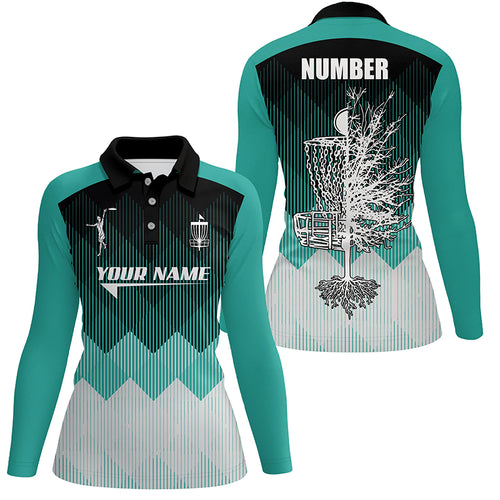 Turquoise Geometric Pattern Womens Disc Golf Polo Shirt Personalized Disc Golf Tops For Women LDT1010