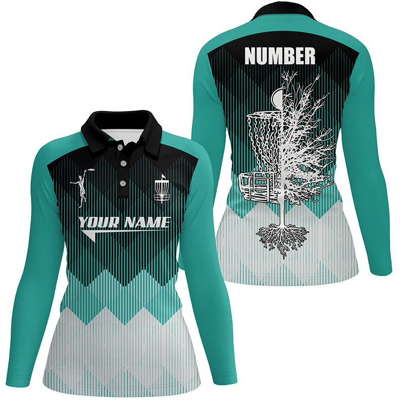 Turquoise Geometric Pattern Womens Disc Golf Polo Shirt Personalized Disc Golf Tops For Women LDT1010