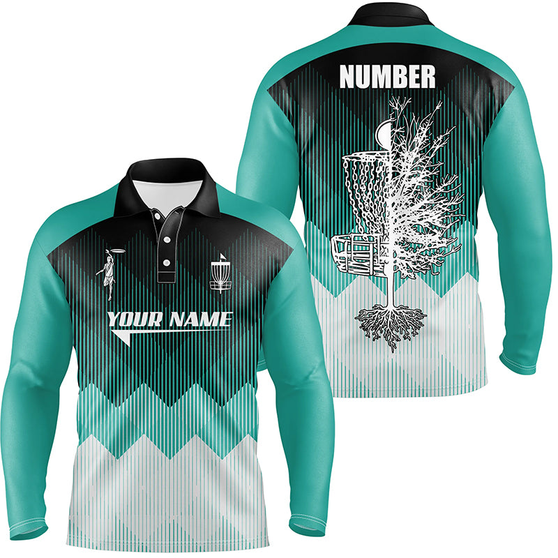 Turquoise Geometric Pattern Mens Disc Golf Polo Shirt Personalized Disc Golf Tops For Men Golf gifts LDT1010