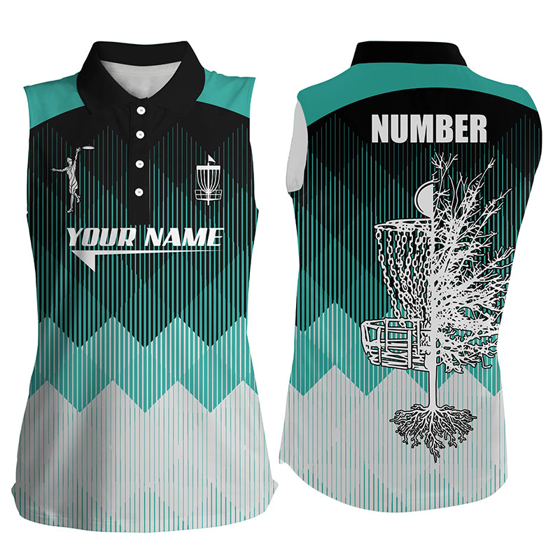 Turquoise Geometric Pattern Womens Sleeveless Disc Golf Polos Personalized Disc Golf Tops For Women LDT1010