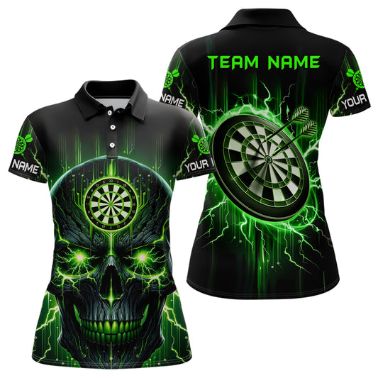 Black Green Skull Womens Darts Polo Shirt Custom Scary Darts Shirt For Women Dart Jerseys LDT1432