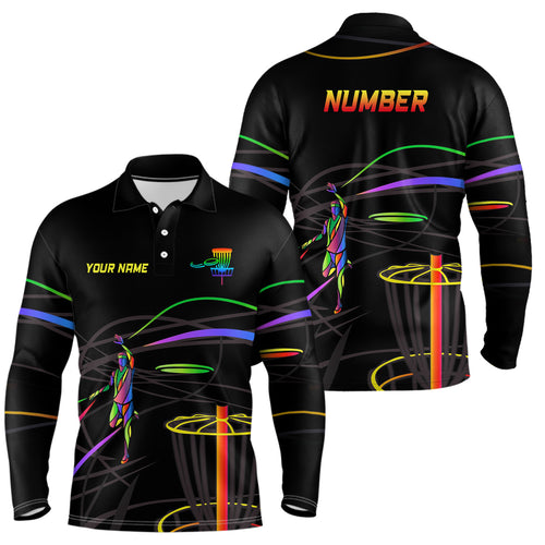 Rainbow Mens Disc Golf Polo Shirt Custom Number Disc Golf Basket Personalized Disc Golf Shirt For Men LDT1014