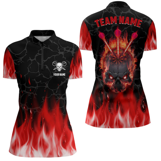 Red Flame Skull Darts Quarter Zip Shirt Custom Scary Darts Shirt For Women Dart Jerseys LDT1028