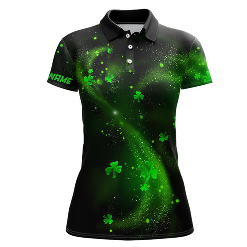St Patrick Day Clovers On Black Womens Golf Polo Shirt Shamrock Custom Golf Gifts For Women LDT1018