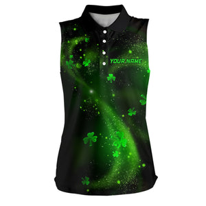 Womens Sleeveless Polo Shirt St Patrick Day Clovers On Black Shamrock Custom Golf Gifts For Women LDT1018