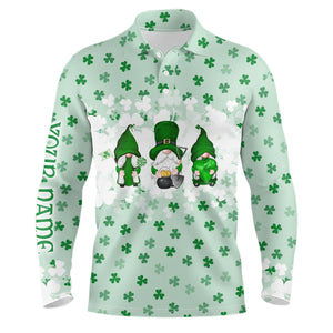 St. Patrick's Day Watercolor Gnomes On Green Clover Mens Golf Polo Shirts Funny Golf Shirts For Men LDT1020