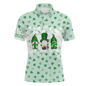 St. Patrick's Day Watercolor Gnomes On Green Clover Mens Golf Polo Shirts Funny Golf Shirts For Men LDT1020