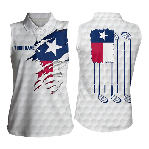 Retro Texas Flag White Golf Pattern Womens Sleeveless Polo Shirt Patriotic Womens Golf Tops Golf Gifts LDT0495