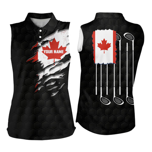 Canada Flag Black Golf Pattern Womens Sleeveless Polo Shirt Maple Leaf Golf Tops For Women Golf Gifts LDT0496