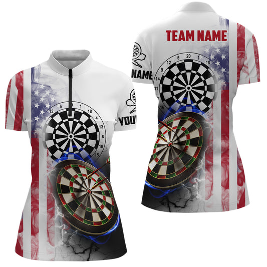 Smoky American Flag Darts Quarter Zip Shirt Custom Patriotic Women Darts Shirt Dart Jersey LDT1038