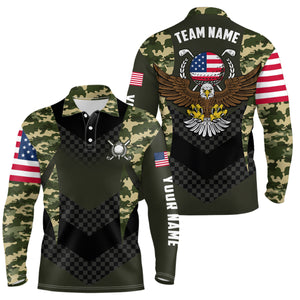 Mens Custom Name American Flag Camo Eagle Golf Polo Shirts, Patriotic Golf Shirts For Men LDT0231