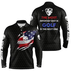 Patriotic American Flag Golf Polo Shirts Custom Name Skull Golf Shirts For Men, Golfing Gifts LDT0235