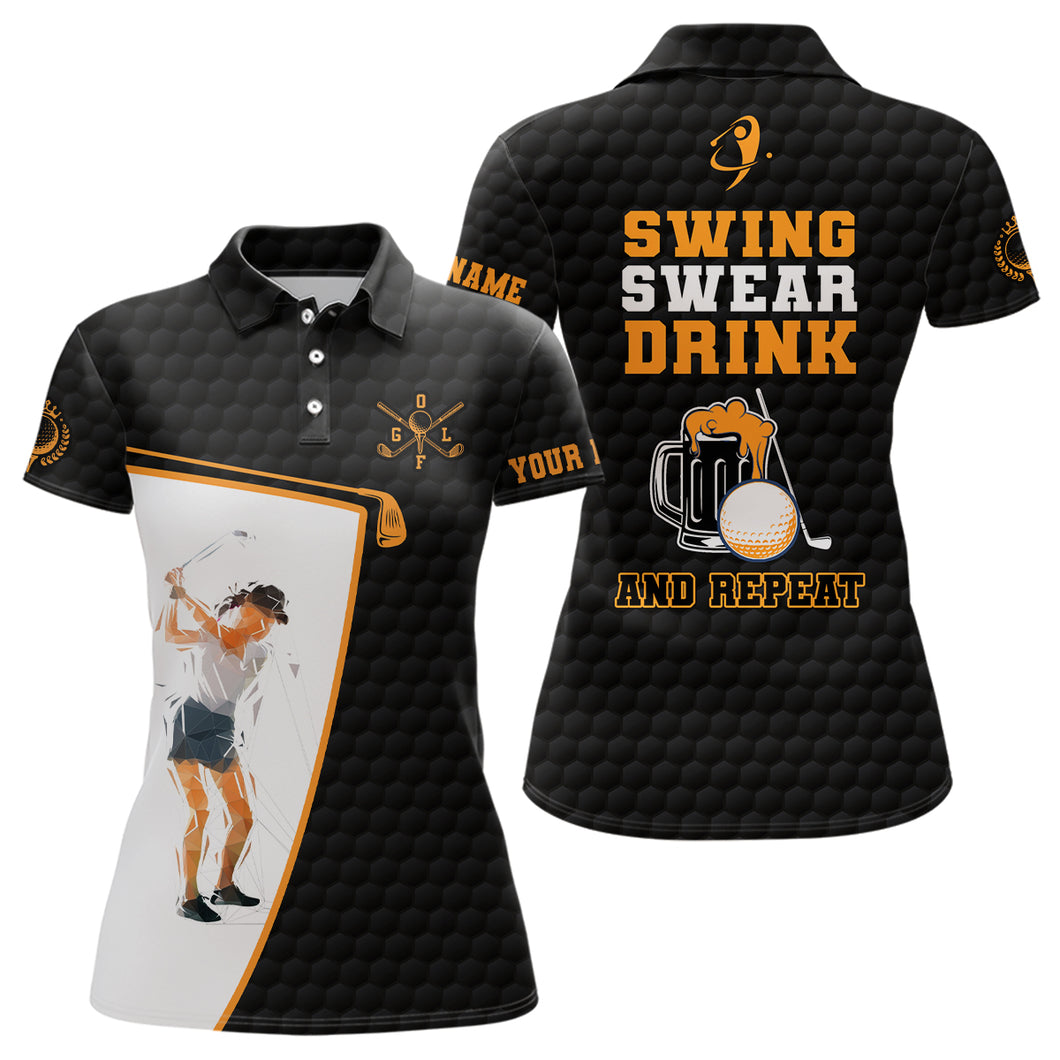 Swing Swear Drink And Repeat Black Womens Golf Polo Shirt Custom Beer Golf Shirts For Women LDT1052