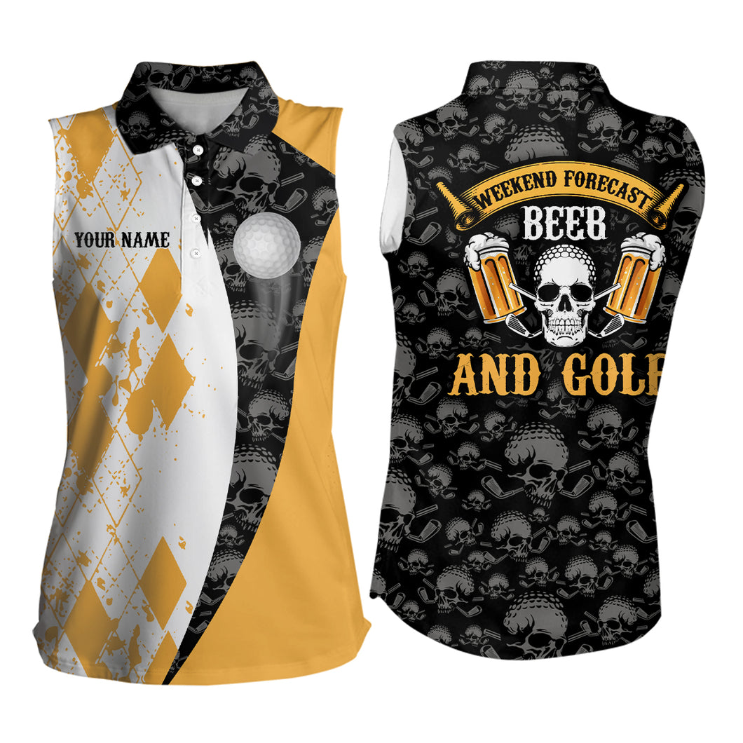 Weekend Forecast Beer & Golf Argyle Pattern Skull Womens Sleeveless Polo Shirt Golf Shirts For Women LDT0537