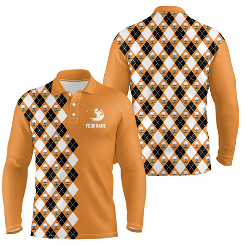 Orange Argyle Pattern Mens Golf Polo Shirts Personalized Cool Golf Shirts For Men Golf Gifts LDT0544