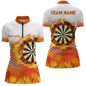 White Orange Fire Flame Darts Quarter Zip Shirts Custom Darts Shirt For Women Dart Jerseys LDT1459