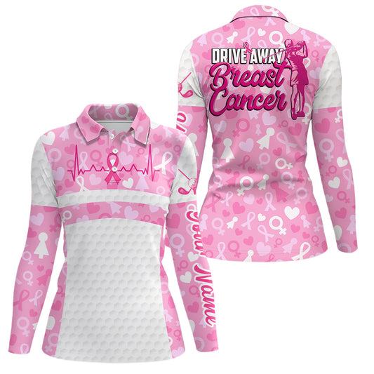 Drive Away Breast Cancer Pink White Golf Shirt Heartbeat Ribbon Cute Golf Shirts For Women LDT0250