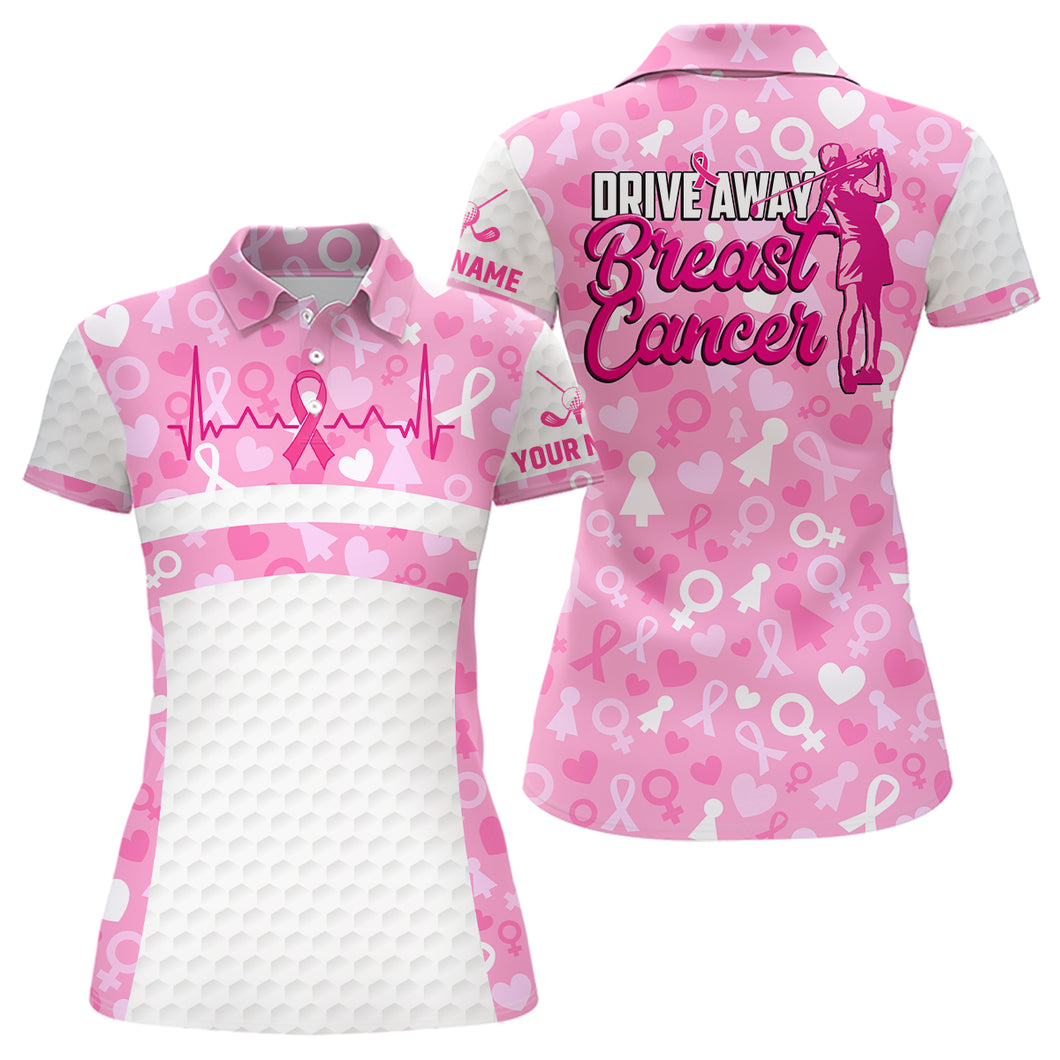 Drive Away Breast Cancer Pink White Golf Shirt Heartbeat Ribbon Cute Golf Shirts For Women LDT0250