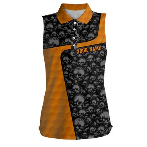 Skull Orange Golf Ball Pattern Womens Sleeveless Polo Shirt Golf Shirts For Women Halloween Golf Gifts LDT0553