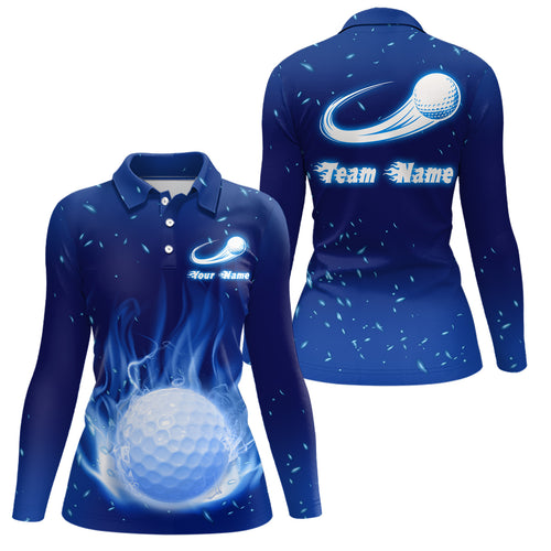 Blue Fire Flame Golf Ball Womens Polo Shirt Custom Golf Tops For Women Personalized Golf Gift LDT1064