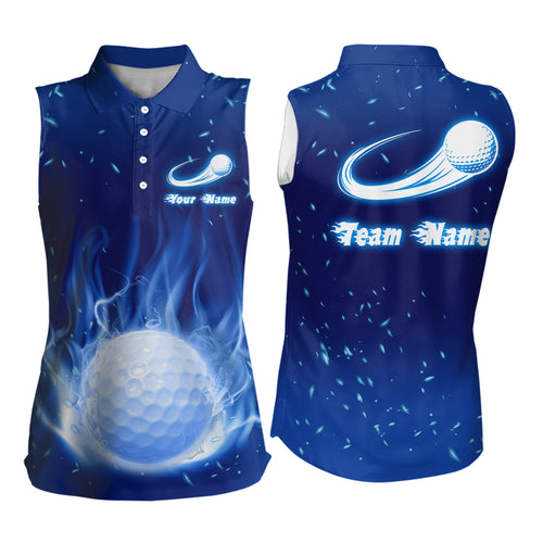 Blue Fire Flame Golf Ball Womens Sleeveless Polo Shirt Custom Women Golf Tops Personalized Golf Gifts LDT1064