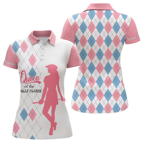 Queen Of The Course Pink & Blue Argyle Golf Polo Shirt Custom Best Golf Gifts For Women LDT0256