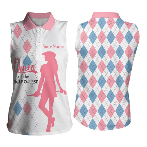 Queen Of The Course Pink & Blue Argyle Sleeveless Golf Polo Shirt Custom Best Golf Gifts For Women LDT0256