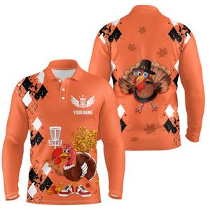 Turkey Bird Thanksgiving Disc Golf Mens Polo Shirt Argyle Orange Custom Disc Golf Shirts For Men LDT0872