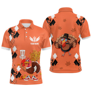 Turkey Bird Thanksgiving Disc Golf Mens Polo Shirt Argyle Orange Custom Disc Golf Shirts For Men LDT0872