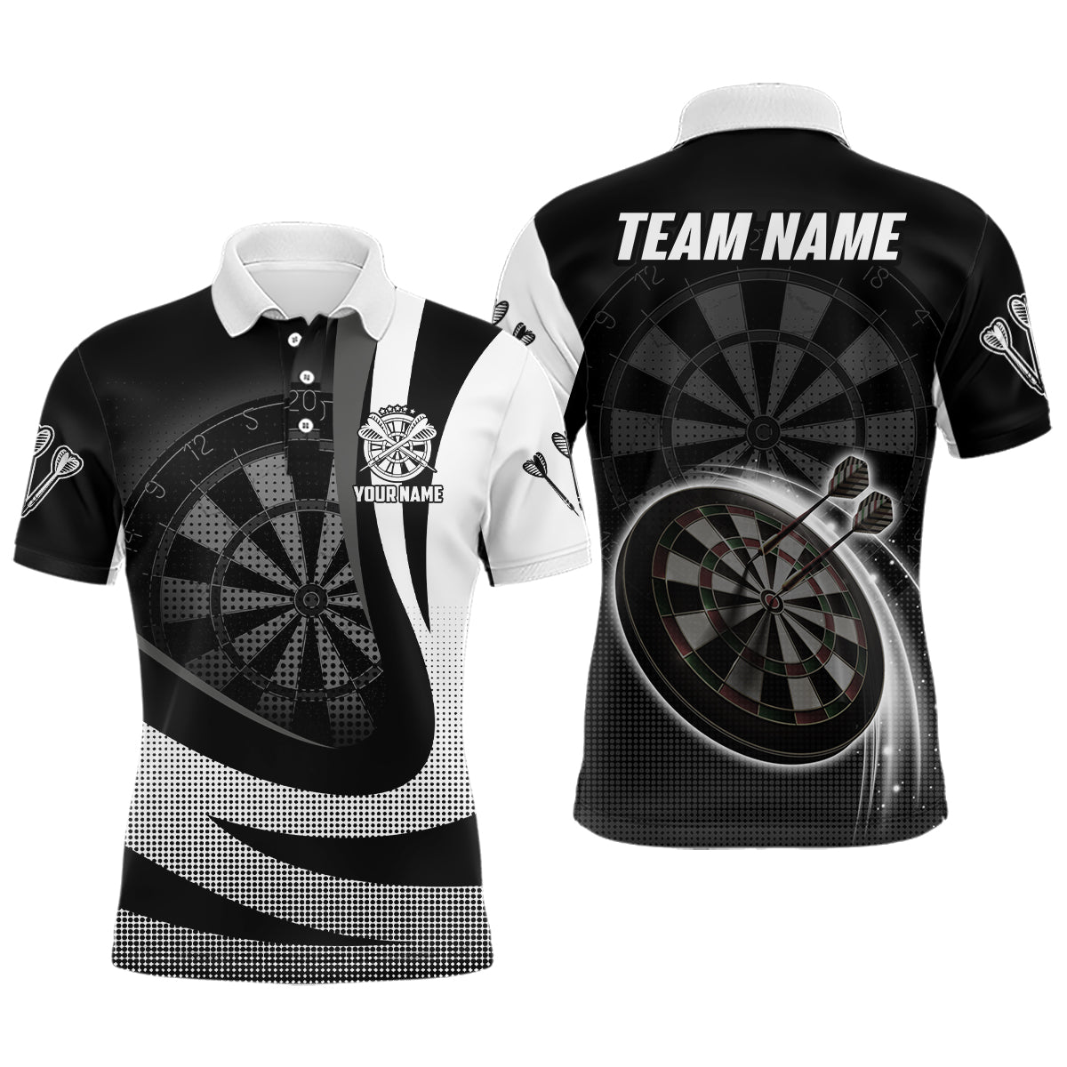 Personalized Black White 3D Mens Darts Polo Shirt Custom Cool Darts Team Jersey For Men LDT1076