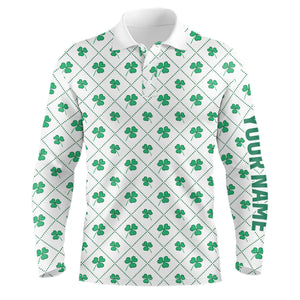 Green Clover On Checkered Pattern Patrick Day Mens Golf Shirts Custom Name Golf Gifts For Men LDT1268