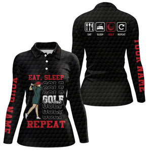 Eat Sleep Golf Repeat Polo Shirt Black Red Sporty Golf Polo Shirt Best Golf Shirts For Women LDT0885