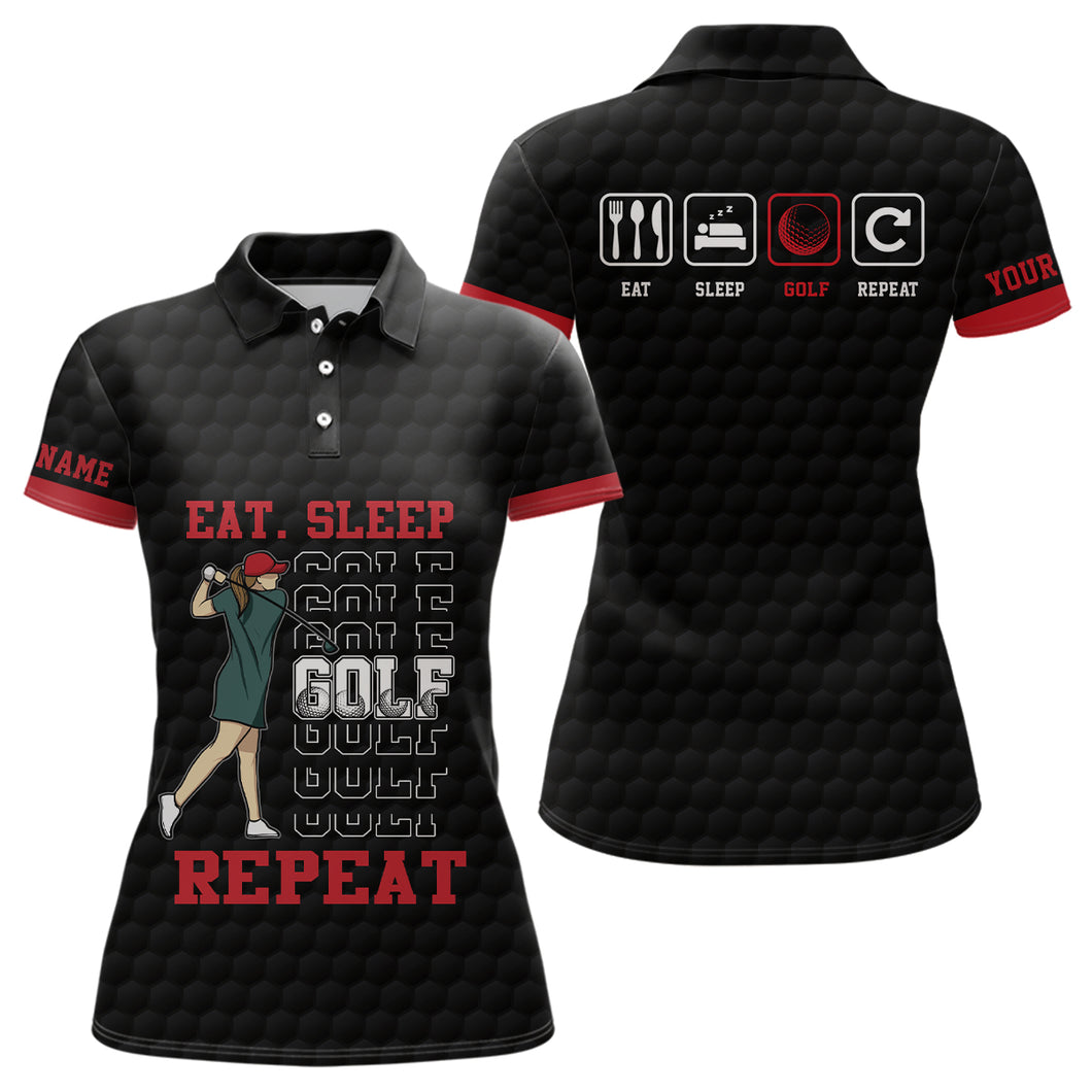 Eat Sleep Golf Repeat Polo Shirt Black Red Sporty Golf Polo Shirt Best Golf Shirts For Women LDT0885