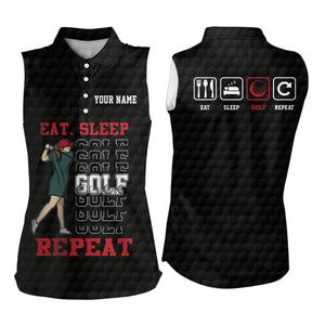 Eat Sleep Golf Repeat Womens Sleeveless Polo Shirt Black Red Sporty Polo Shirt Golf Gifts For Women LDT0885