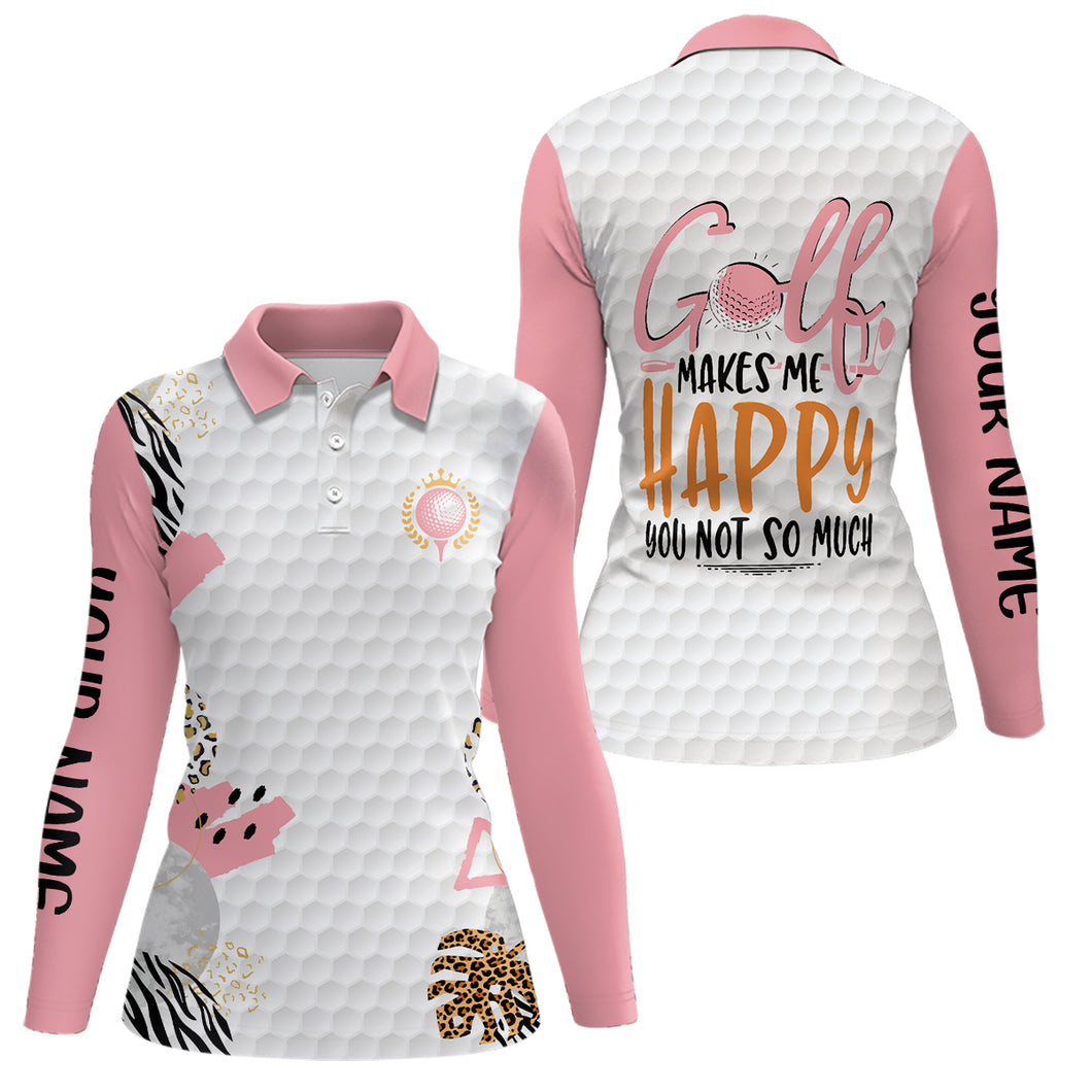 Golf Makes Me Happy Pink White Golf Polos Custom Leopard Pattern Cute Golf Tops For Women LDT0892