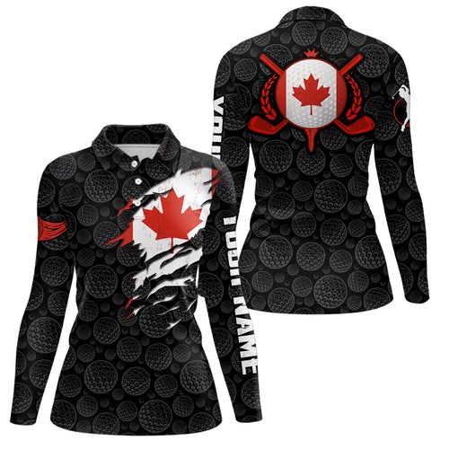 Crack Canada Flag Black Golf Pattern Polo Shirt Maple Leaf Patriotic Golf Shirts For Women LDT0275