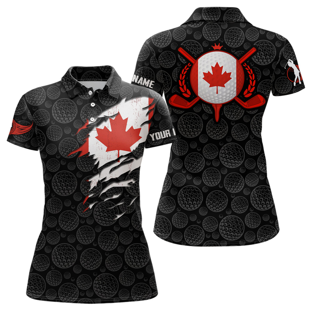 Crack Canada Flag Black Golf Pattern Polo Shirt Maple Leaf Patriotic Golf Shirts For Women LDT0275