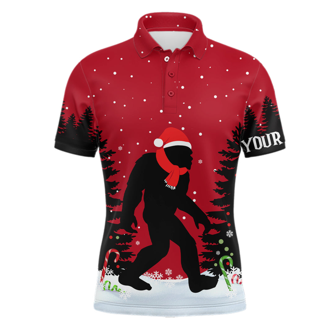 Christmas Bigfoot In The Forest Red Mens Golf Polo Shirt Funny Christm