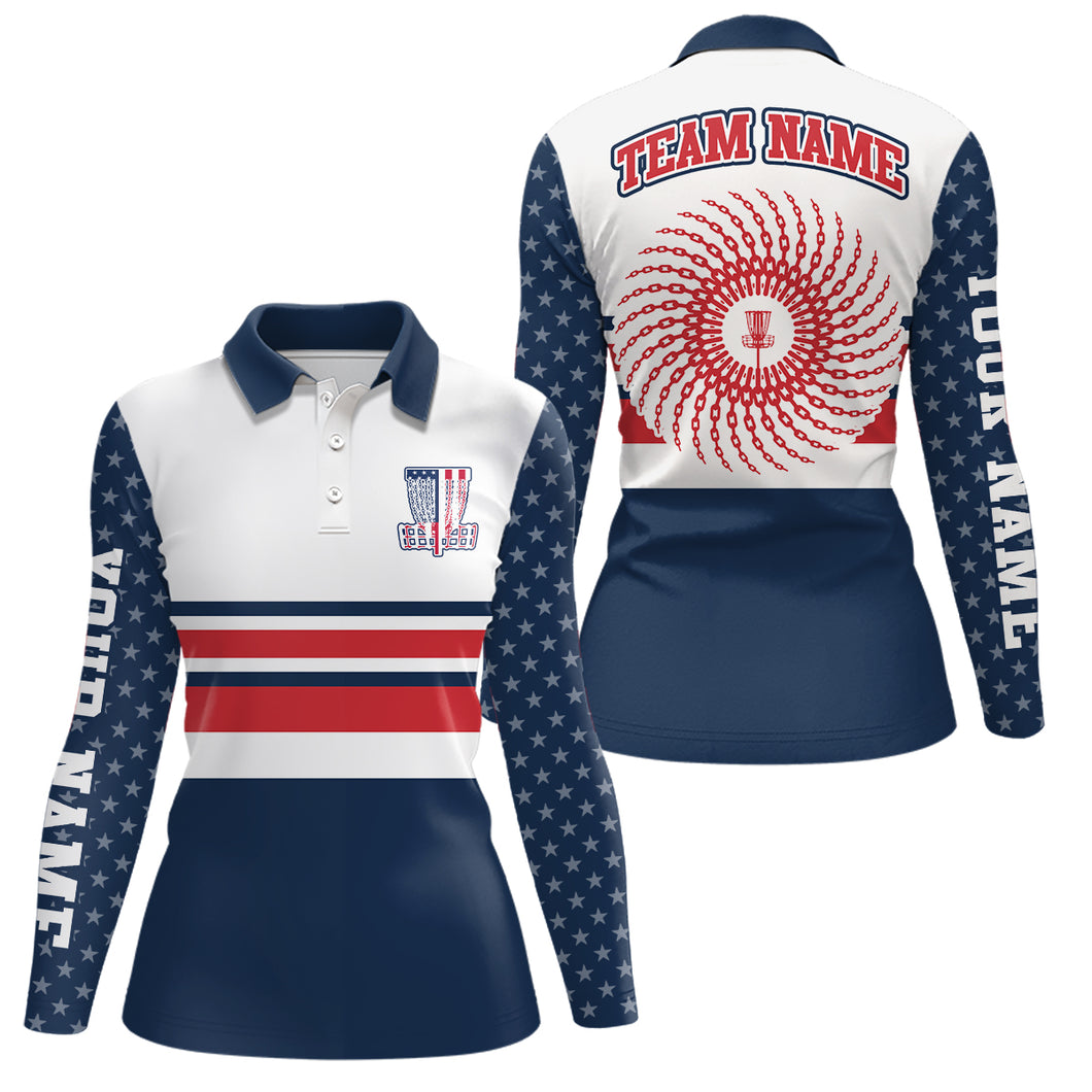 Disc Golf American Flag Womens Polo Shirt Personalized Patriotic Disc Golf Shirts For Women LDT0595