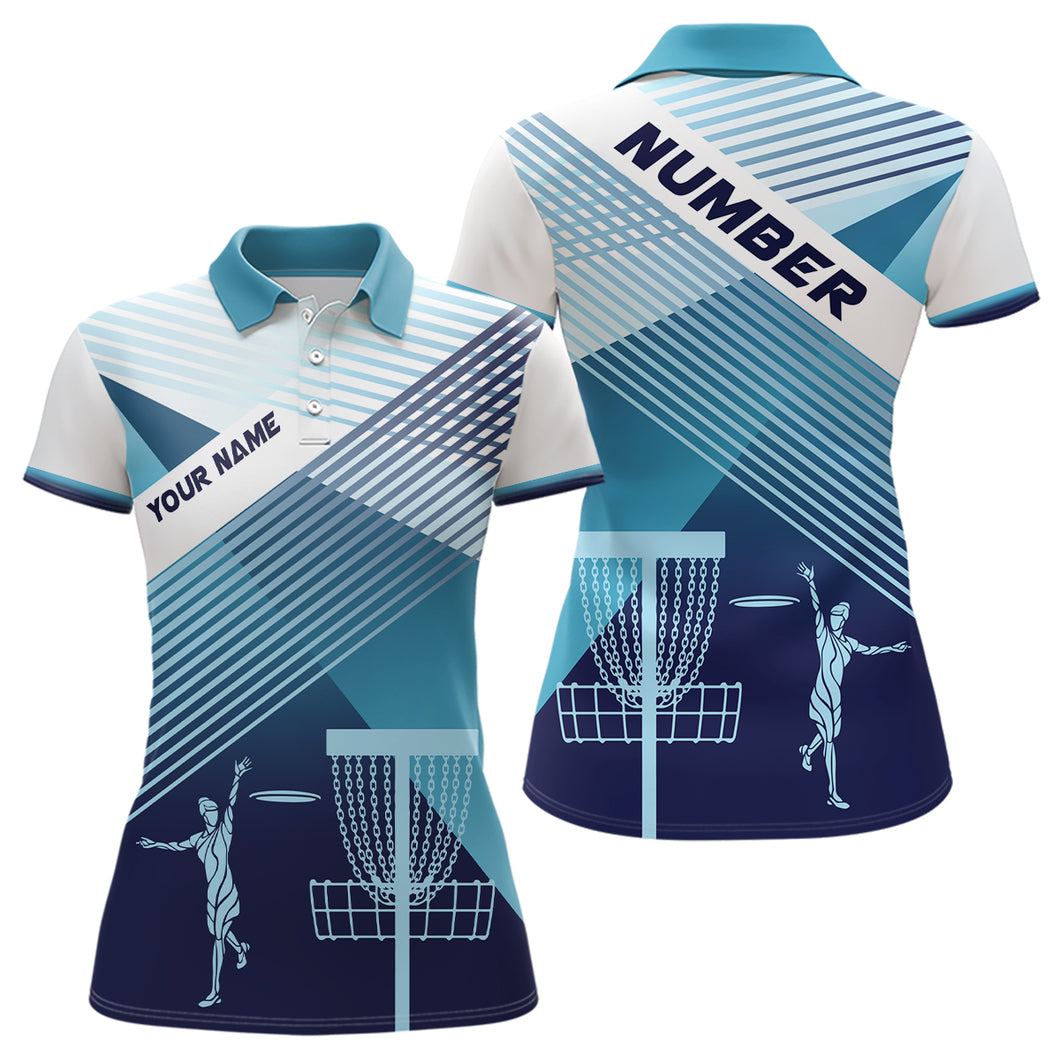 Disc Golf Silhouette White Blue Womens Polo Shirt Personalized Cool Disc Golf Tops For Women LDT0609