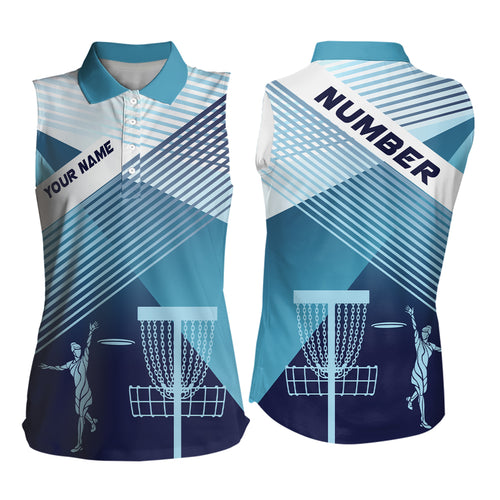 Disc Golf Silhouette White Blue Womens Sleeveless Polo Shirt Personalized Disc Golf Tops For Women LDT0609