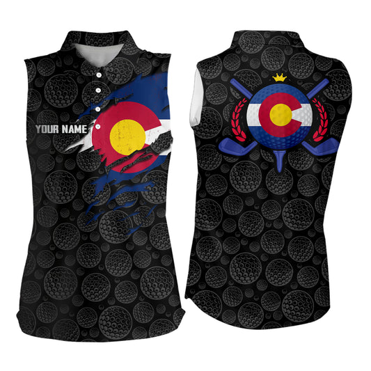 Crack Colorado Flag Black Golf Pattern Sleeveless Polo Shirt Custom Patriotic Golf Shirts For Women LDT0327