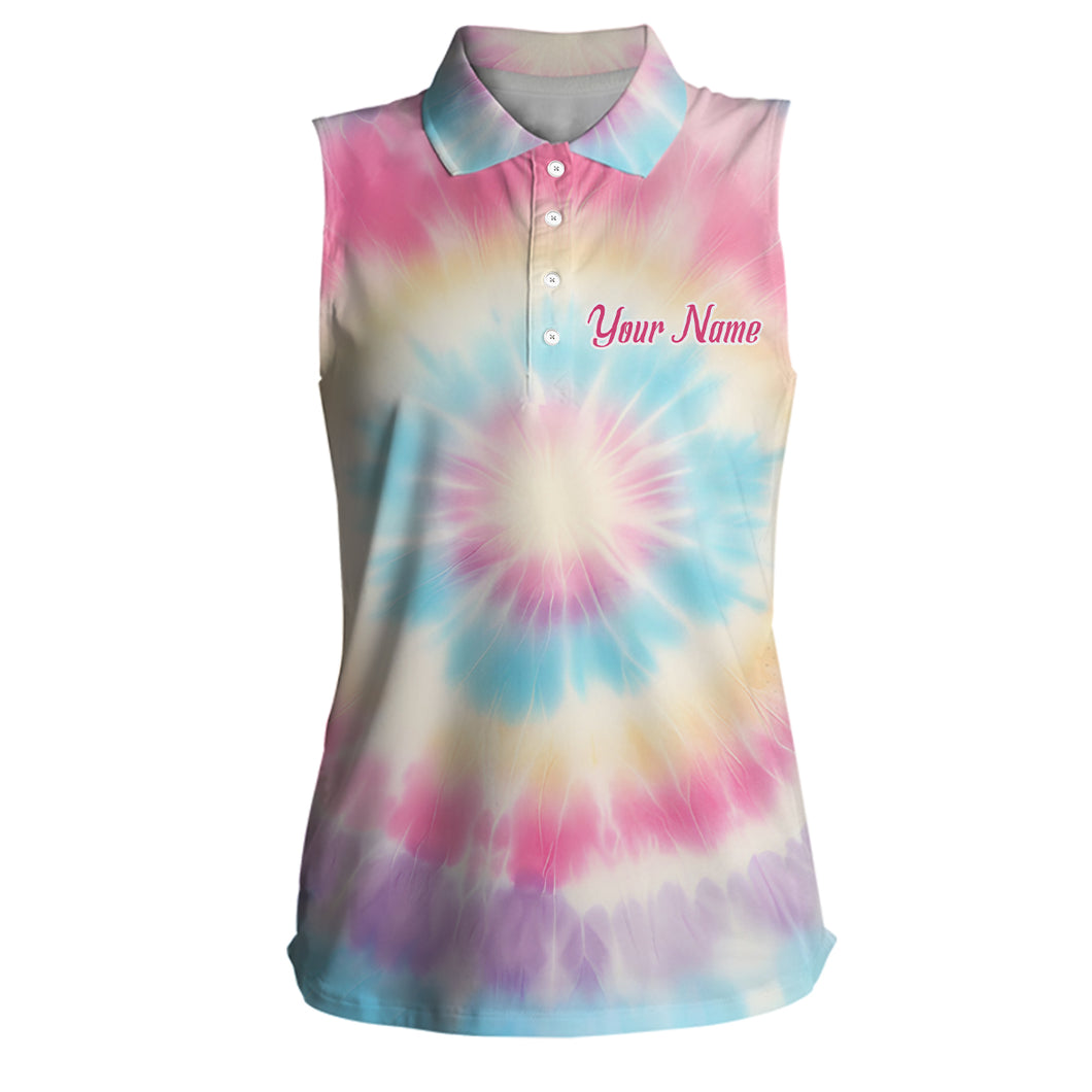 Pastel Tie Dye 3D Print Womens Sleeveless Golf Polo Shirts Custom Name Golf Tops For Women Golf Gifts LDT1305