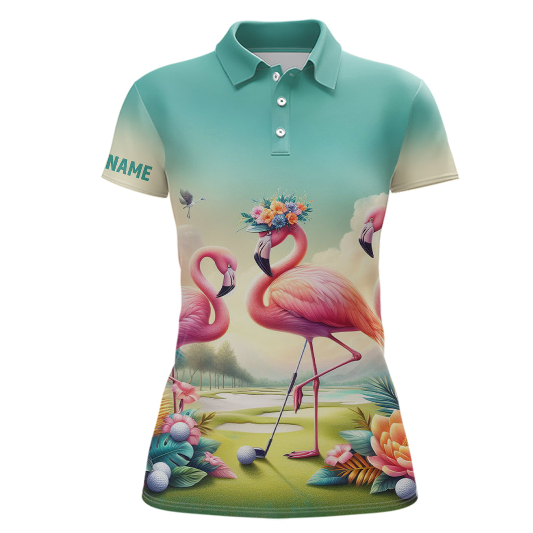 Pink Flamingo Tropical Womens Golf Polo Shirts Custom Name Golf Shirts For Women Golf Gifts LDT1306